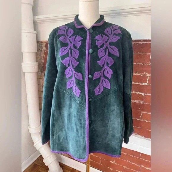 Linea by Louis Dell’olio Vintage Green Suede Jacket with Purple Floral - Picture 3 of 14